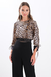 Saten Leopar Desen Dantelli Crop Bluz