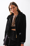 Saten Leopar Desen Dantelli Crop Bluz