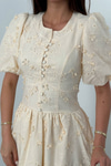 Beige Embroidered Balloon Sleeve Gathered Dress