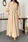 Beige Pleated Dress With Front Zip