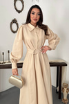 Beige Pleated Dress With Front Zip