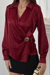Bordo Düğme Detaylı Saten Bluz