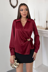 Bordo Düğme Detaylı Saten Bluz
