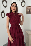 Bordo Fırfırlı Düğmeli Elbise