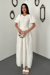 Off-White Embroidered Dress With Balloon Sleeves And Ruched Details.