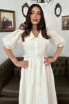 Off-White Dress With Lace Details And Balloon Sleeves