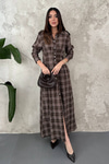 Brown Pleated Plaid Dress