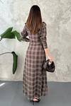 Brown Pleated Plaid Dress