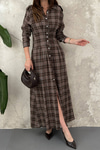 Brown Pleated Plaid Dress