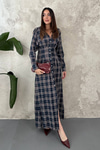 Navy Blue Pleated Plaid Dress