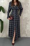 Navy Blue Pleated Plaid Dress