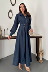 Navy Blue Pleated Dress With Front Zipper