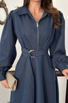 Navy Blue Pleated Dress With Front Zipper