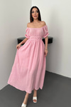 Pembe Yakası Büzgülü Müslin Keten Elbise