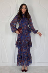 Saks Desenli Şifon Elbise