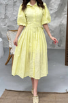 Sarı Pileli Balon Kol Elbise