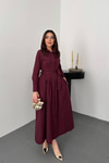 Toptan BORDO Düğmeli Poplin Elbise