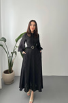 Toptan Siyah Kemer Detaylı Uzun Elbise