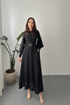 Toptan Siyah Kemer Detaylı Uzun Elbise