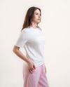 CII Nakışlı Basic Tshirt- Beyaza Ekru Nakış