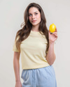 CII Nakışlı Basic Tshirt- Butter Yellow Ekru Nakış