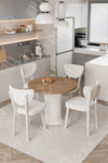 Elma Yuvarlak Ceviz Mutfak Masa 4 Adet Sandalyeli Takım 90x90 Cm Krem