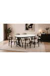 Luna Serisi 80x160 Cm 6 Kişilik MDF Oval Yemek Masası Mutfak Masası Takımı X Ayaklı Polo Sandalyeli Beyaz MDF Masa Siyah Metal Krem Kumaş