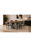 Luna Serisi 80x160 Cm 6 Kişilik MDF Oval Yemek Masası Mutfak Masası Takımı X Ayaklı Polo Sandalyeli Ceviz MDF Masa Siyah Metal Antrasit Kumaş