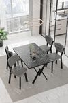 Pedra Elma Sandalye 80x120 Yemek Masası Mutfak Masası 4 Kişilik Masa Sandalye Takımı Siyah Mermer