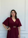 Kruvaze Yaka Tokalı Elbise - Bordo