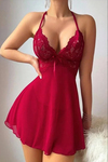 Kadın Kırmızı Dantel Detaylı İp Askılı Fiyonklu Fantezi Babydoll Gecelik