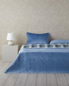 Ornate Check Kadife Çift Kişilik Yatak Örtüsü Takımı 200x220 cm Koyu Mavi