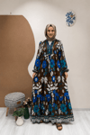 KAHVE MAVİ ÇİÇEKLİ ELBİSE