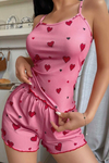 Pembe Kırmızı Kalp Desenli Şortlu Pijama Takımı