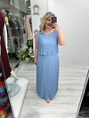 Bebe Mavisi Premium Piliseli 2 Katlı Kolsuz Uzun Şifon Elbise stp 26y2621