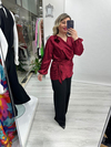 Bordo Degaje Yaka Leopar Desenli Saten Yaka Çiçek Detaylı Uzun Kollu Yandan Bağlamalı Bluz stp 27k1684