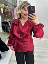 Bordo Degaje Yaka Leopar Desenli Saten Yaka Çiçek Detaylı Uzun Kollu Yandan Bağlamalı Bluz stp 27k1684
