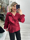 Bordo Degaje Yaka Leopar Desenli Saten Yaka Çiçek Detaylı Uzun Kollu Yandan Bağlamalı Bluz stp 27k1684