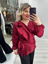 Bordo Degaje Yaka Leopar Desenli Saten Yaka Çiçek Detaylı Uzun Kollu Yandan Bağlamalı Bluz stp 27k1684