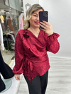 Bordo Degaje Yaka Leopar Desenli Saten Yaka Çiçek Detaylı Uzun Kollu Yandan Bağlamalı Bluz stp 27k1684