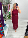 Bordo Halter Yaka Piliseli Yaprak Gold Tokalı Şifon Elbise stp 26y2796