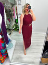 Bordo Halter Yaka Piliseli Yaprak Gold Tokalı Şifon Elbise stp 26y2796