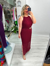 Bordo Halter Yaka Piliseli Yaprak Gold Tokalı Şifon Elbise stp 26y2796