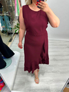 Bordo Kolsuz Etek Volanlı Krep Elbise stp 26y2800
