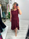 Bordo Kolsuz Etek Volanlı Krep Elbise stp 26y2800