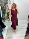 Bordo Kolsuz Etek Volanlı Krep Elbise stp 26y2800