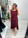 Bordo Kolsuz Etek Volanlı Krep Elbise stp 26y2800