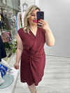 Bordo Kruvaze Kapama Saten Kendinden Çizgili Nisbet Elbise stp 26y2786
