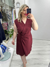 Bordo Kruvaze Kapama Saten Kendinden Çizgili Nisbet Elbise stp 26y2786