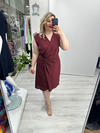 Bordo Kruvaze Kapama Saten Kendinden Çizgili Nisbet Elbise stp 26y2786
